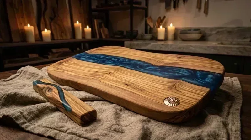 Handcrafted olive wood and epoxy resin cutting board and mezuzah displayed in a warm artisan setting